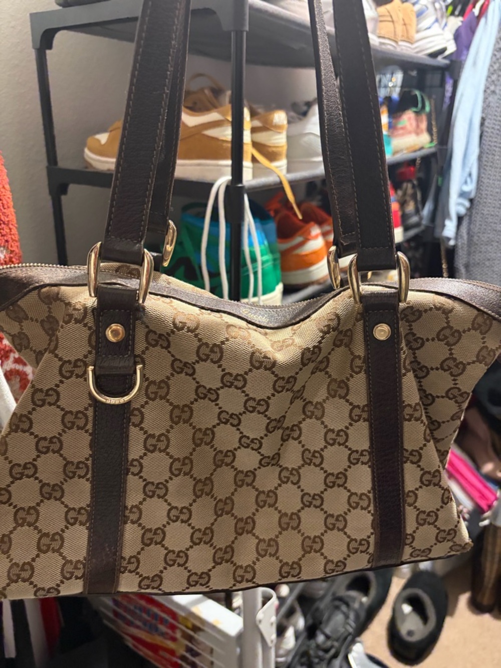 Gucci Beige Brown GG Canvas Shoulder Bag with Dark Brown Trim